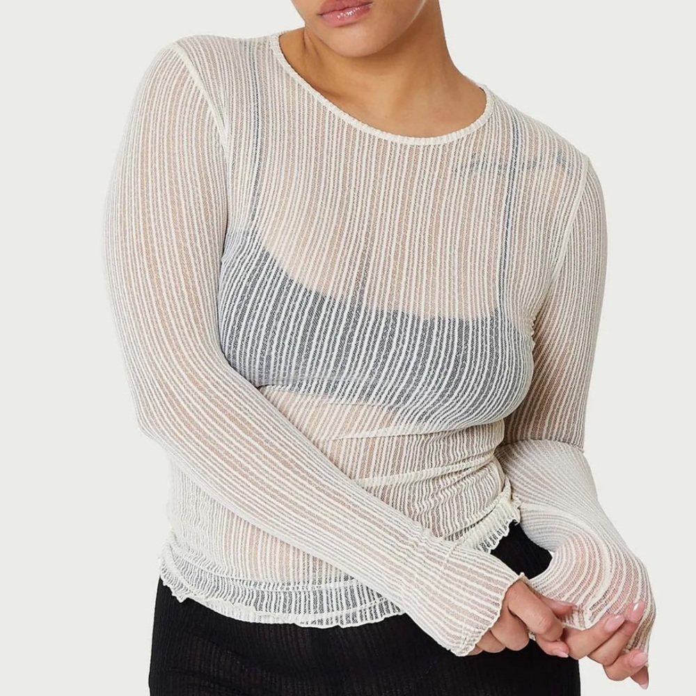 Second Skin Ribbed Mesh Crew Long Sleeve Top in Eggshell White Size Small
